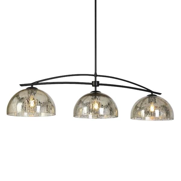 Farmhouse 3-Light Brass Island Pendant Light, Modern Black Pendant Light for Dining Room with Dome Mercury Glass