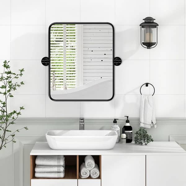 Sxiawe 20 in. W x 24 in. H Modern Rectangular Black Stainless Steel Frame Round Corner Adjustable Vanity Mirror Wall Mirror