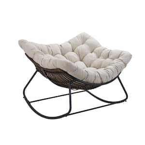 1-Piece Dark Gray Rattan Wicker Outdoor Rocking Chair with Beige Cushion 1-Pack, for Patio, Garden, Porch, Backyard