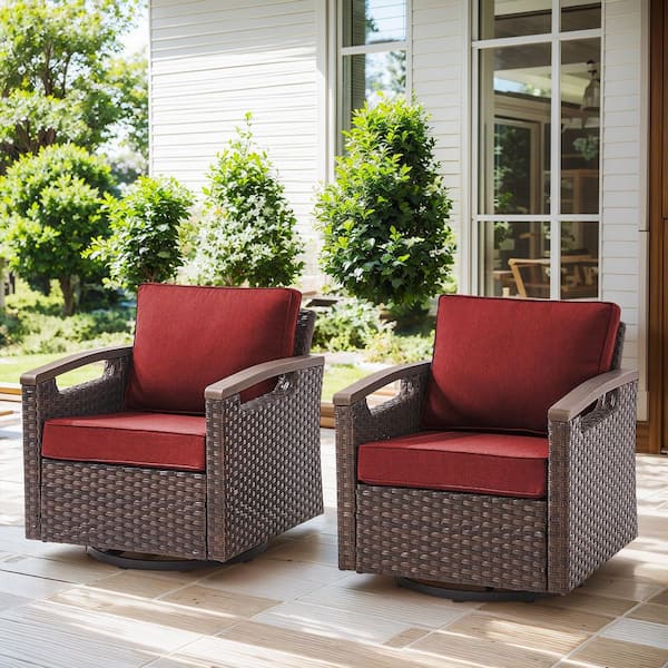 moosprr Farmhouse 2-Piece Brown PE Wicker Outdoor Rocking Chair with Olefin Red Cushions /Metal Armrest
