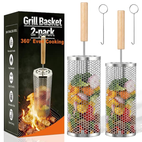 3.94 in. Rolling Grill Basket Even Cooking 304 Stainless Steel 2-Piece