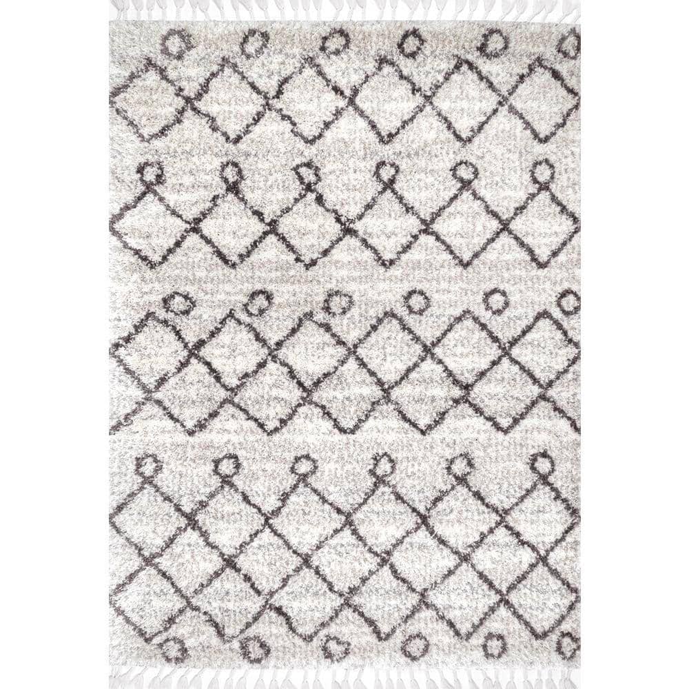 Ivory and Gray Synthetic Shag Rectangular Area Rug, 4' x 6'