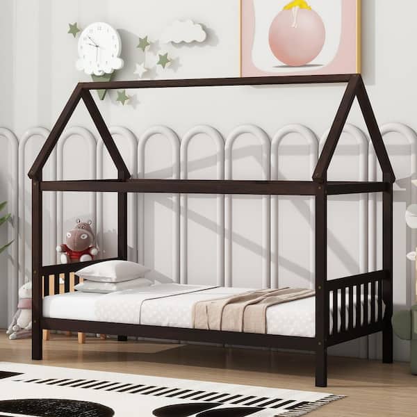 Lois Brown Wood Frame Twin Size House Platform Bed Kids Bed with Roof Design and Headboard, Footboard, Guardrails