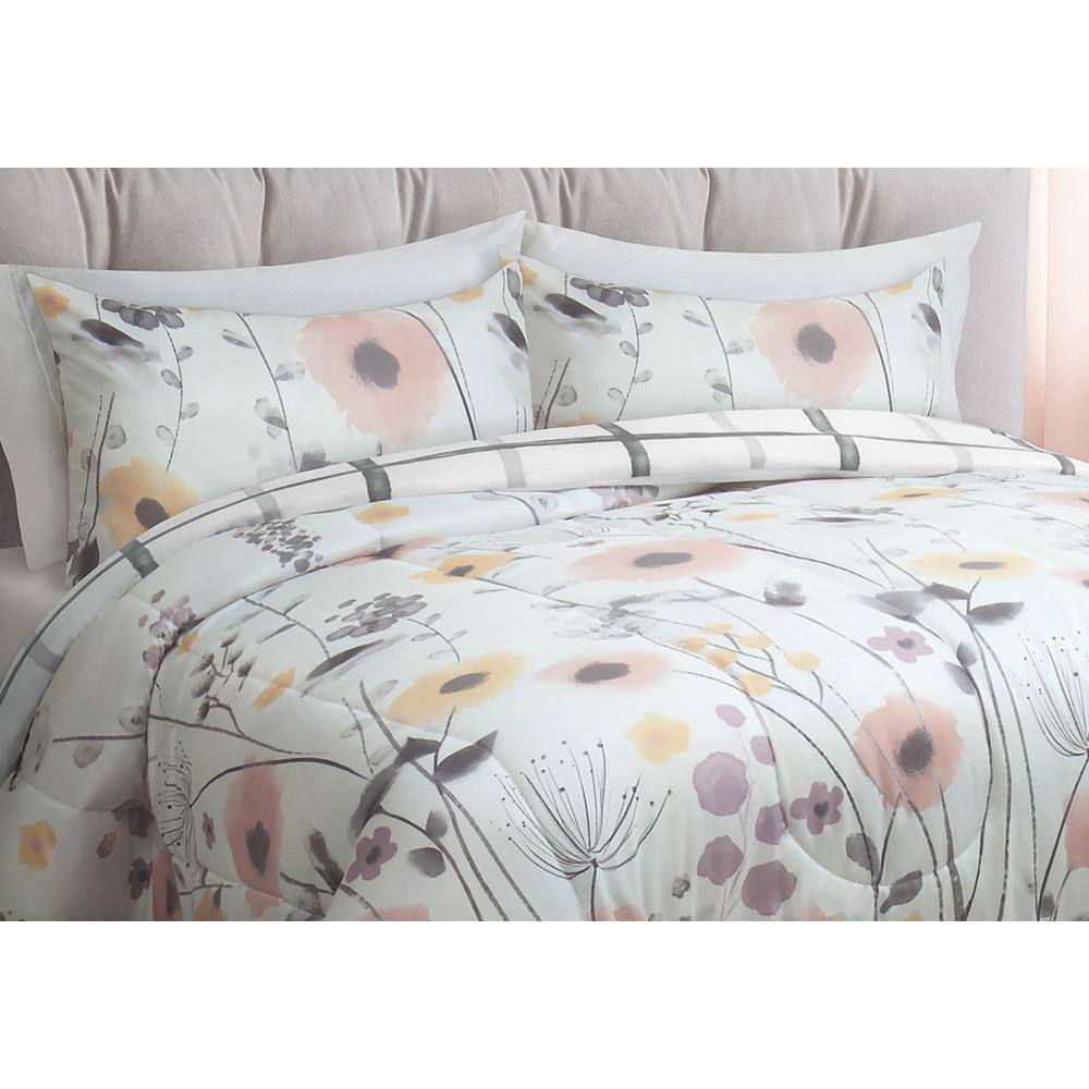 Twin White Floral Microfiber Comforter Set