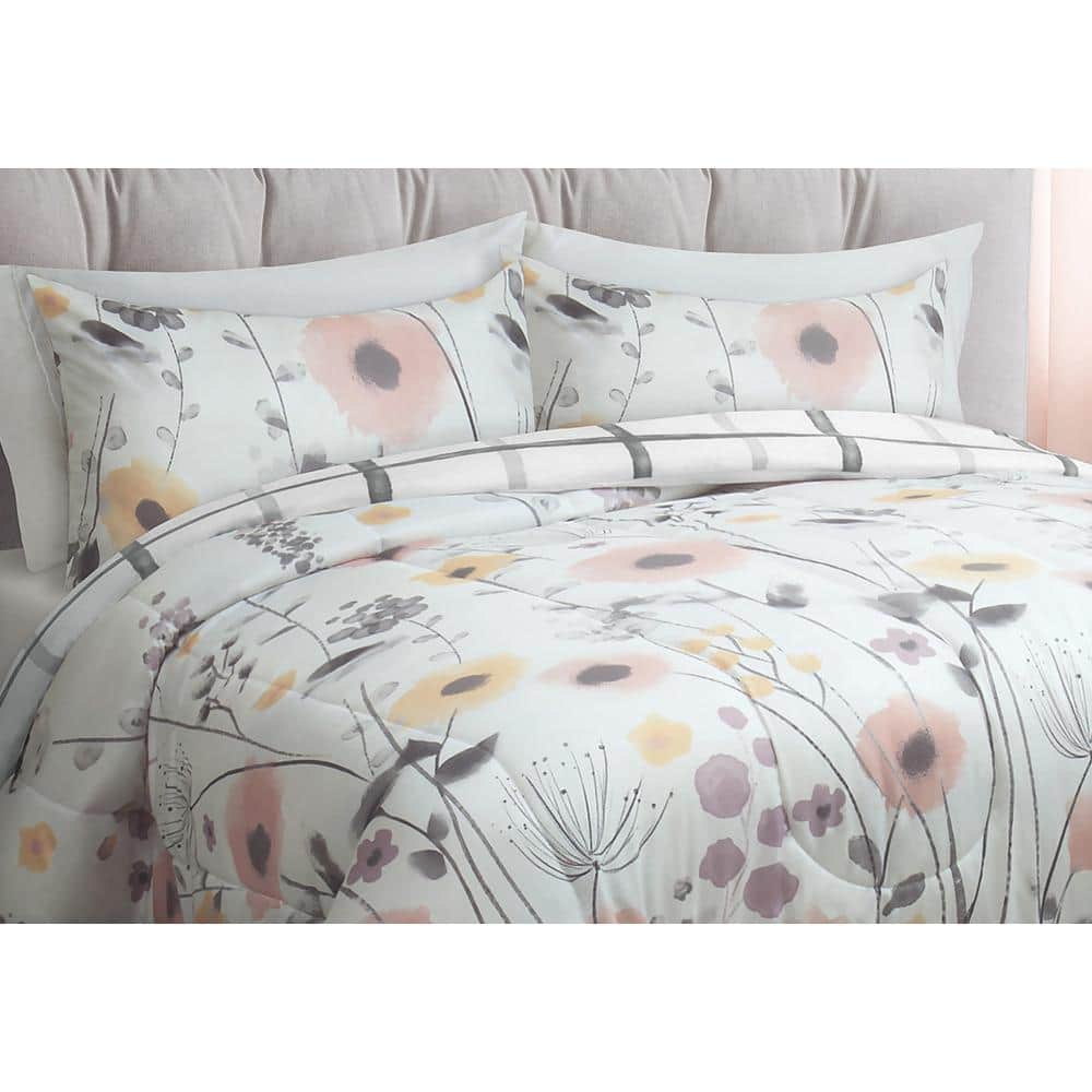 King White Floral Microfiber Reversible Comforter Set
