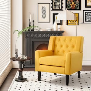 Yellow Comfy Modern Accent Chair Linen Upholstery Wood Legs for Living Room Bedroom Mid Century Armchair