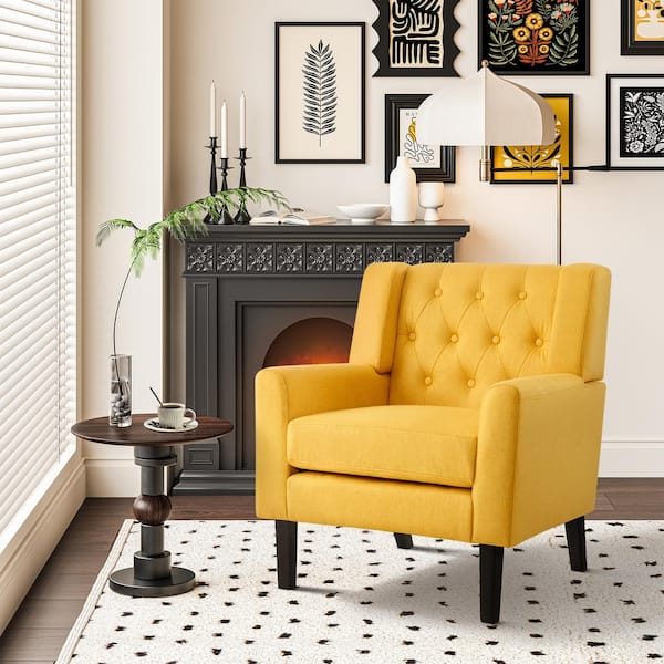 Hochwertiges Yellow Comfy Modern Accent Chair Linen Upholstery Wood Legs for Living Room Bedroom Mid Century Armchair