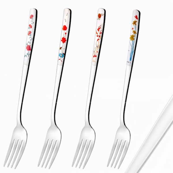 Set of 4 8 in Stainless Steel Korean Style Dinner Forks with Floral Pattern and Mirror Finish 4Pcs 18/10