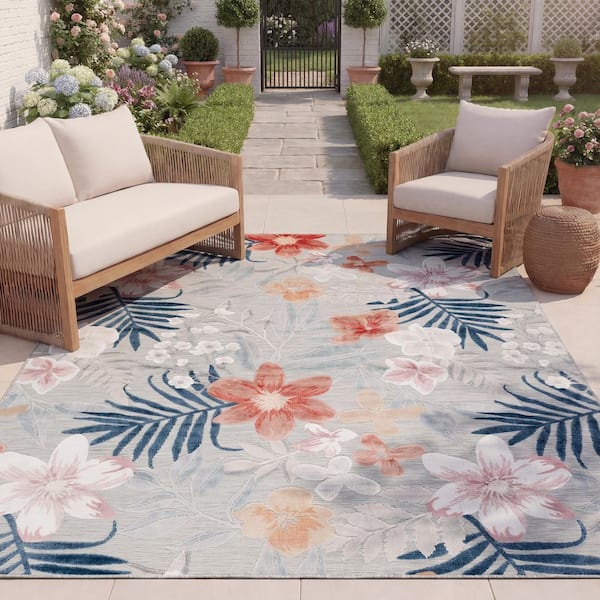 Cabana Gray/Rust 8 ft. x 10 ft. Multi-Floral Striped Indoor/Outdoor Area Rug