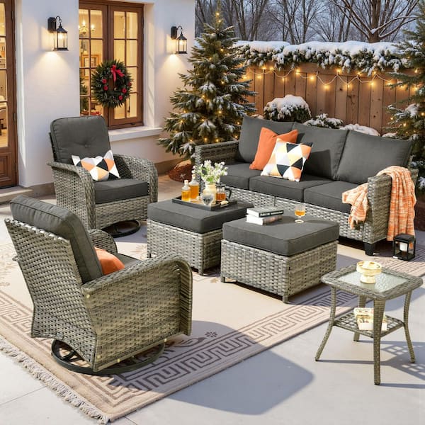 Daphne 6-Piece Wicker Patio Conversation Sofa Seating Swivel Rocking Chairs Set with Ottomans and Black Cushions