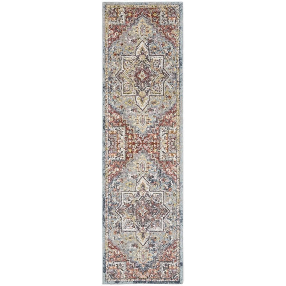 HomeRoots 2 ft. x 8 ft. Blue and Red Floral Distressed Runner Rug ...