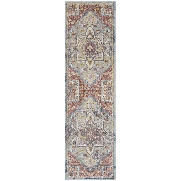 2 ft. x 8 ft. Blue and Red Floral Distressed Runner Rug