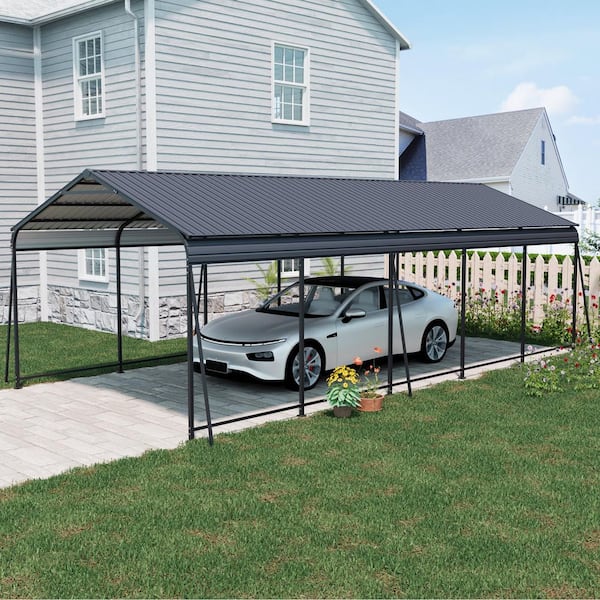 IMagacFun 13 ft. W x 26.5 ft. D x 8.9 ft. H Black Galvanized Steel Roof Metal Carport