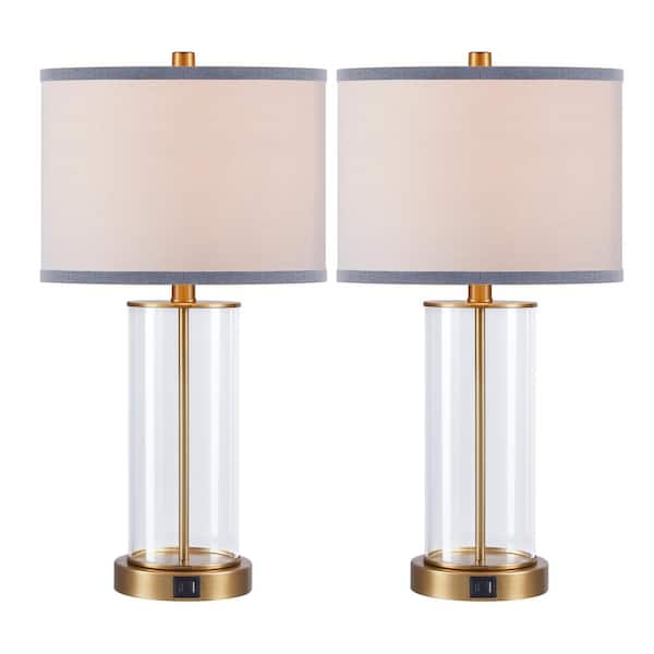 KAWOTI 23 in. Clear Glass Antique Brass Table Lamp Set with Bulbs, Dual USB Ports, and AC Outlet (set of 2)