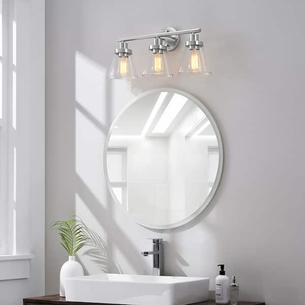 22.25 in. 3-Light Brushed Nickel Vanity Light with Bell Glass Shade