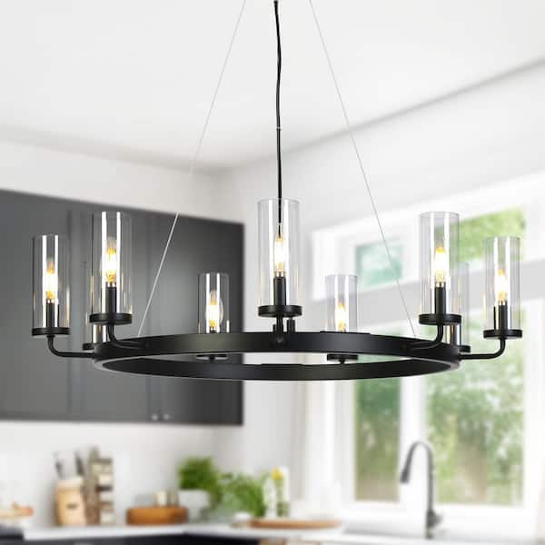 LNC Modern Black 31 in. 9-Light Wagon Wheel Chandelier Round Island Candlestick Chandelier with Cylinder Clear Glass Shades