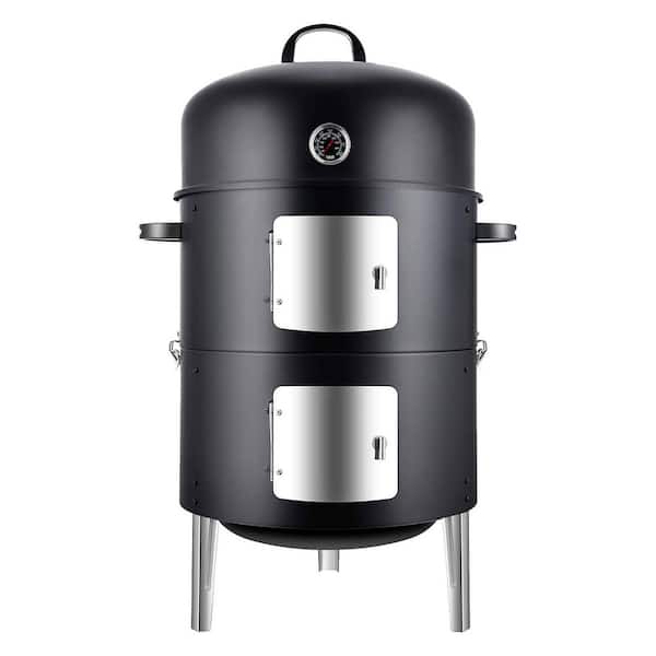Photo 1 of 17 in. Vertical Heavy-Duty Round Steel Charcoal Outdoor Smoker, Black