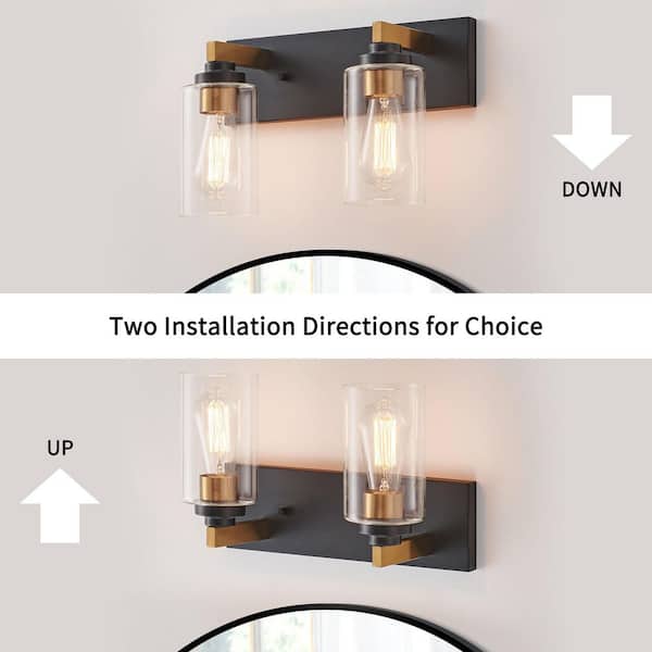 14.12 in. 2-Light Black and Brushed Gold Vanity Light with Clear Glass Shade