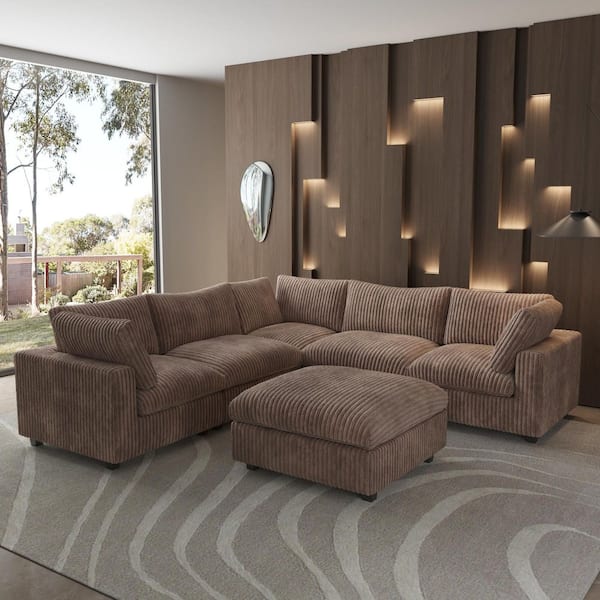 J&E Home Oversized 118.11 in. W Square Arm Rabbit Velvet Plush Modular Sofa in. Brown with Removable Ottoman