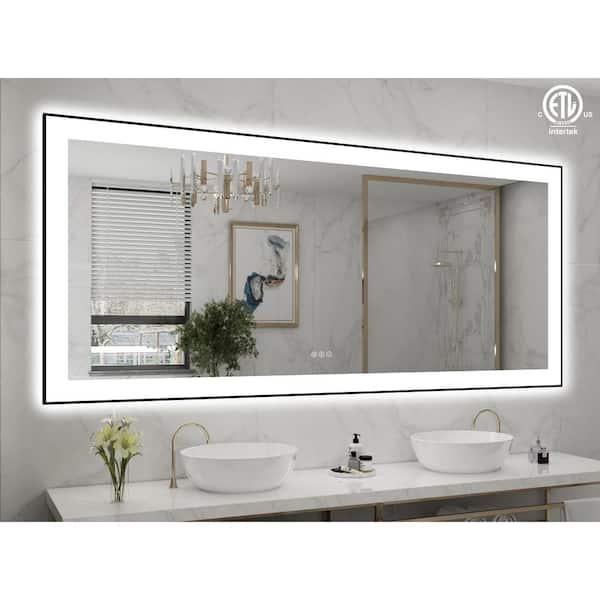 Hpeytaire 72 in. W x 32 in. H Rectangular Aluminum Framed Backlit and Front light LED Wall Mounted Bathroom Vanity Mirror in Black