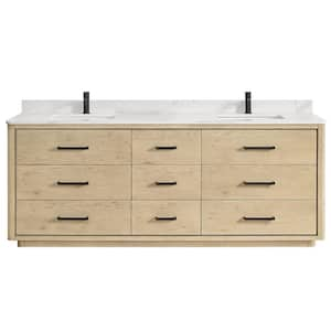 Porto 84 in. W x 22 in. D x 33.8 in. H Double Sink Bath Vanity in Natural Oak with White Quartz Stone Top