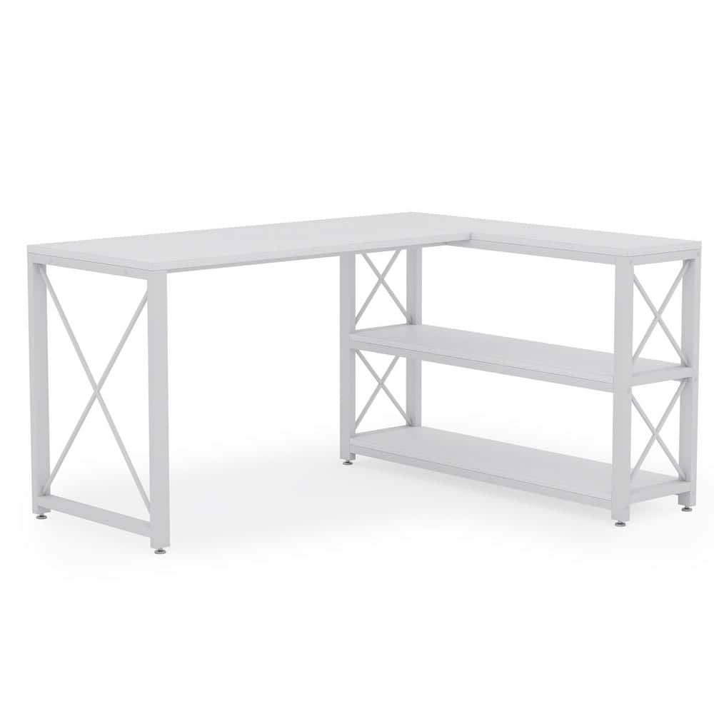 Tribesigns Lantz 52.75 in. L-Shaped White Wood and Metal Reversible  Computer Desk with 2 Tier Storage Shelves TJHD-QP-0172 - The Home Depot