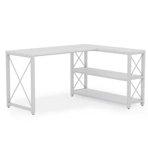 Lantz 52.75 in. L-Shaped White Wood and Metal Reversible Computer Desk with 2 Tier Storage Shelves