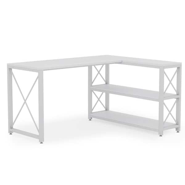Tribesigns Lantz 52.75 in. L-Shaped White Wood and Metal Reversible Computer Desk with 2 Tier Storage Shelves