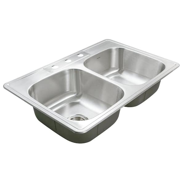 Houzer Glowtone 33 in. Stainless Steel Topmount 3-hole 50/50 Double Bowl 9 in. Deep Kitchen Sink - 3322-9BS3-1