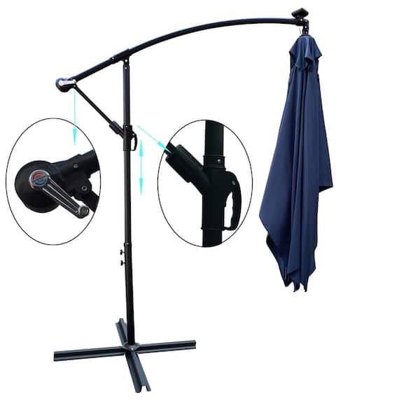 Runesay 10 ft. x 6.5 ft. Steel Outdoor Patio Market Umbrella Solar Powered LED Sun Shade Waterproof with Crank Base Navy Blue