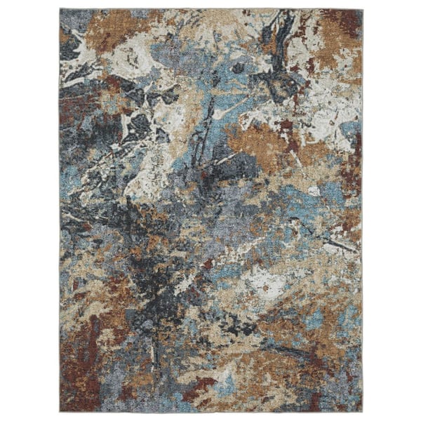 5' X 7' Blue And Rust Abstract Distressed Area Rug