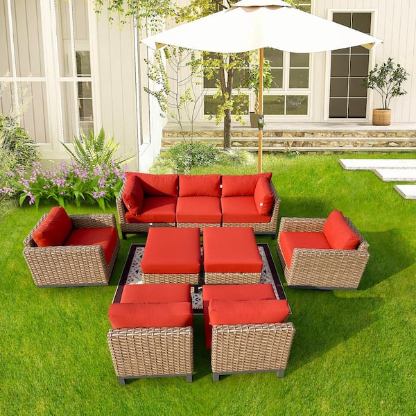 HiGreen Outdoor Delta 9-Piece Resin Wicker Aluminum Outdoor Sectional Set with Swivel Lounge Chairs Canvas Terracotta Sunbrella Cushions