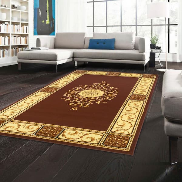 Elegant-Medallion Toffee 5 ft. x 8 ft. Border, Medallion, Scroll Polypropylene Area Rug
