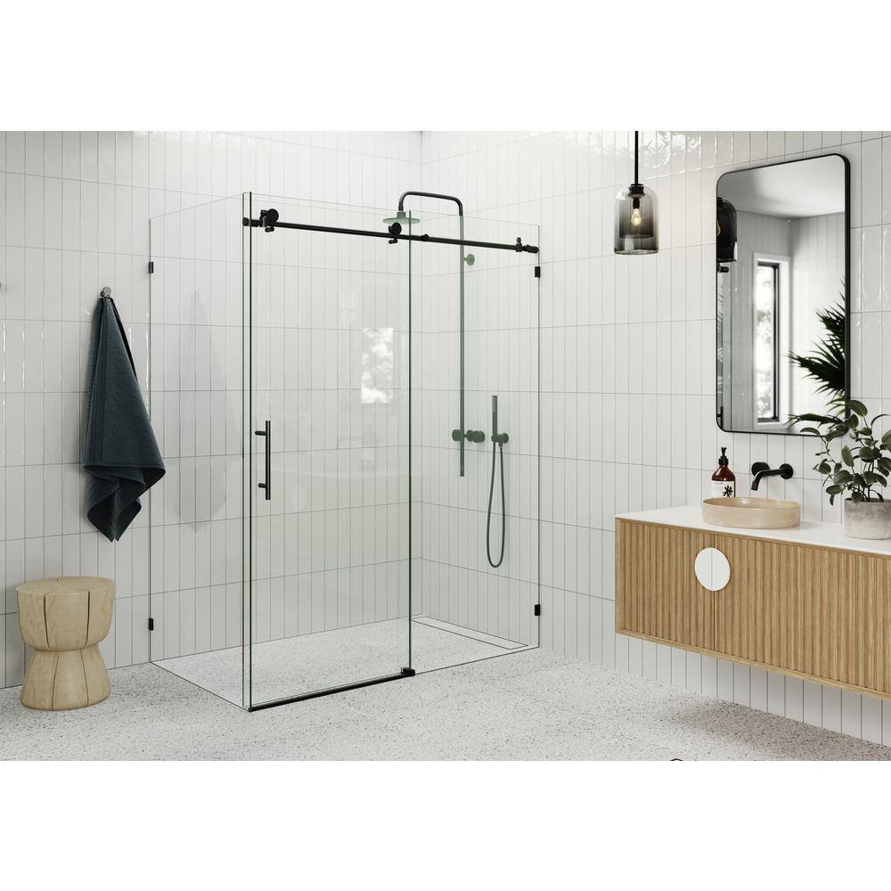 Matte Black Frameless Sliding Glass Shower Enclosure, 64 x 78 inches