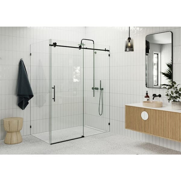 Glass Warehouse Nova 64 in. W x 78 in. H Rectangular Sliding Frameless Corner Shower Enclosure in Matte Black with Clear Glass