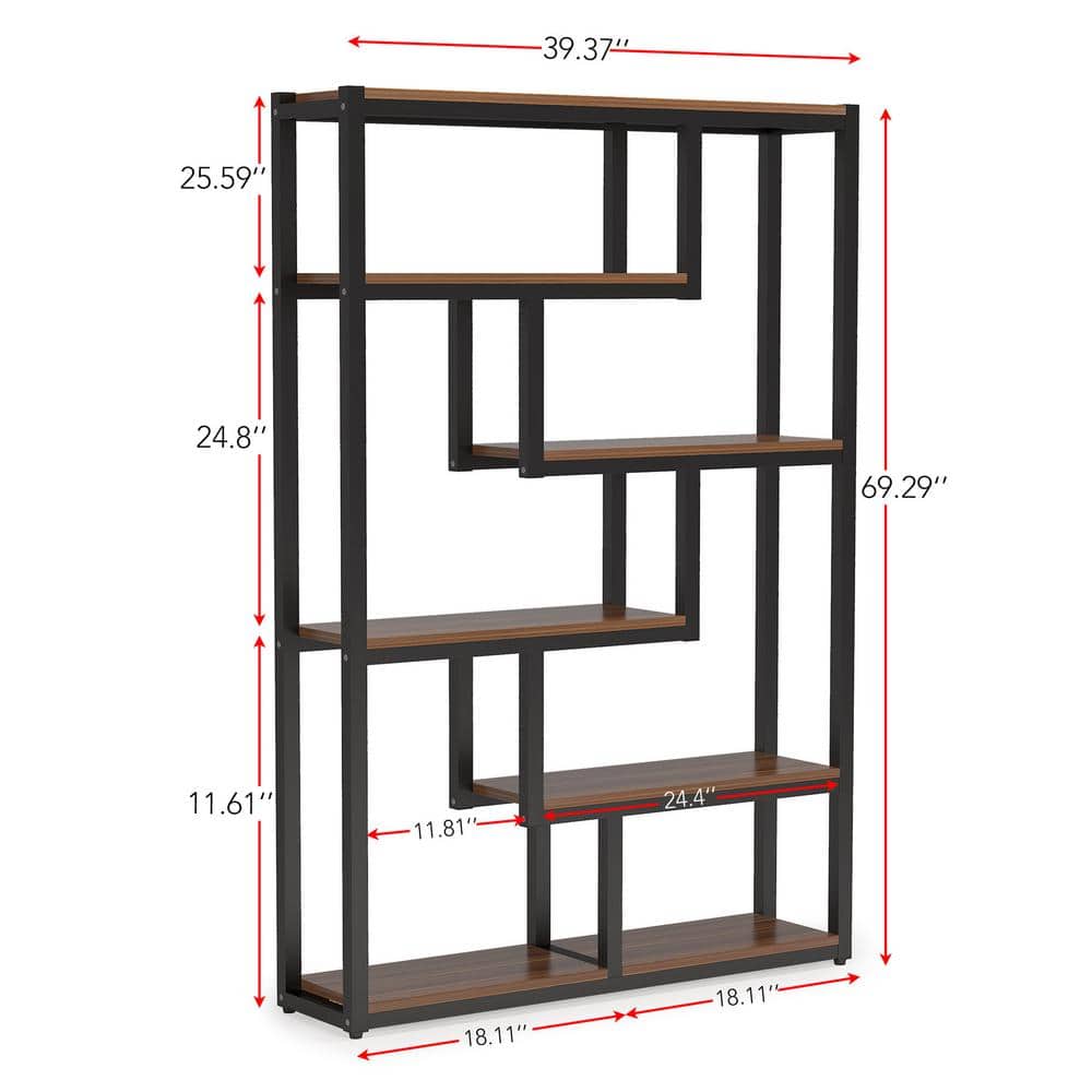 69" Walnut and Black Industrial 6-Tier Bookshelf with Staggered Shelves