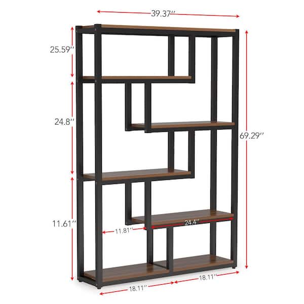 Turrella 69 in. Tall Dark Walnut Wood 6-Shelf Bookcase with Staggered Shelves