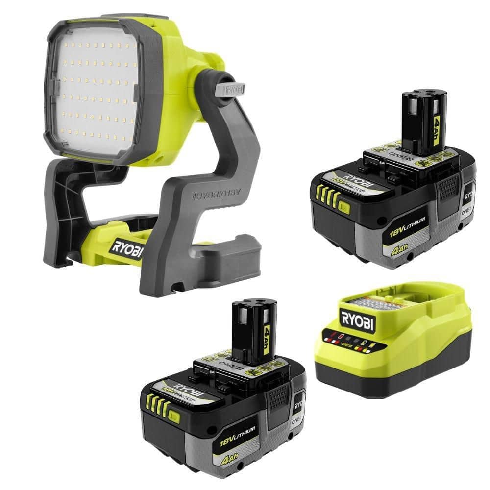 RYOBI ONE+ 18V Lithium Starter Kit w/ (2) 4.0 Ah Batteries & Charger w/ ONE+ 18V Hybrid LED Work Light