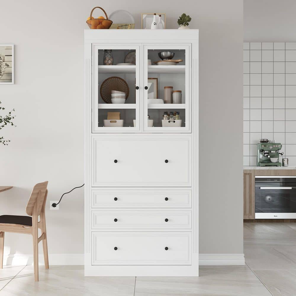 Polibi White Wood 36 in. x 78 in. Kitchen Pantry Cabinet with 3 Drawers, Adjustable Shelves and Power Outlet RS011-72663AK