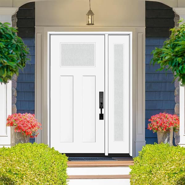 Legacy 53 in. x 80 in. 1/4 Toplite Rain Glass LHIS Primed White Finish Fiberglass Prehung Front Door w/14 in. SL