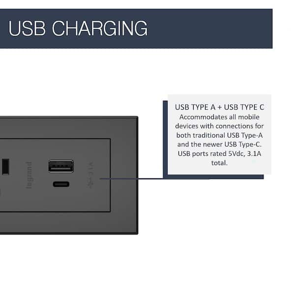 radiant 15 Amp Black 2-Outlet and 2 Type A/C USB Recessed Furniture Power Strip with 6 Ft. Cord