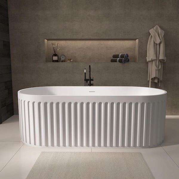 Dus 67 in. x 29.5 in. Solid Surface Stone Resin Flatbottom Freestanding Soaking Bathtub with Center Drain in Matte White