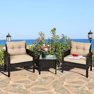 Brown Rattan 3-Piece Wicker Patio Outdoor Furniture Set Chairs Coffee Table with Yellowish Cushion