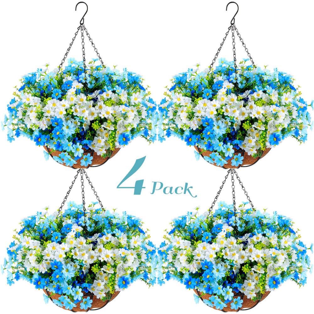 19 .7 in. H Blue Artificial Daisy Hanging Silk Flowers in Basket, Outdoor I