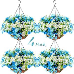 19 .7 in. H Blue Artificial Daisy Hanging Silk Flowers in Basket, Outdoor Indoor Patio Lawn Garden Decor (Set of 4)