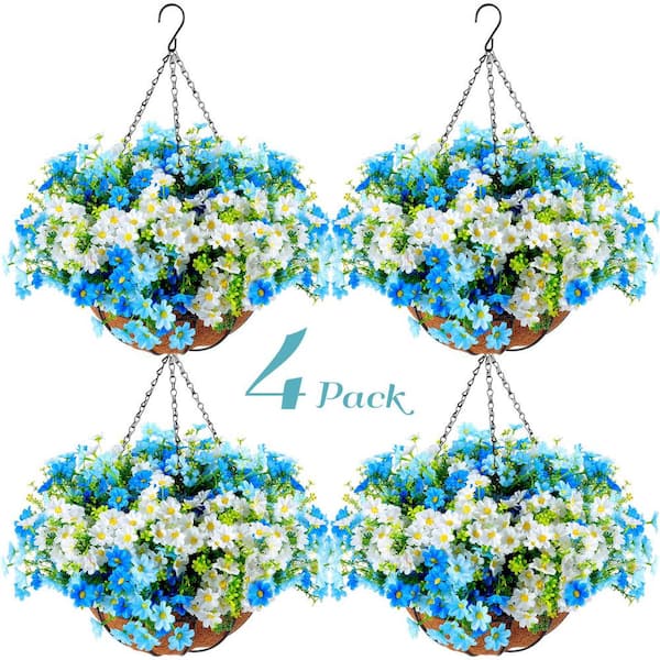 Unbranded 19 .7 in. H Blue Artificial Daisy Hanging Silk Flowers in Basket, Outdoor Indoor Patio Lawn Garden Decor (Set of 4)