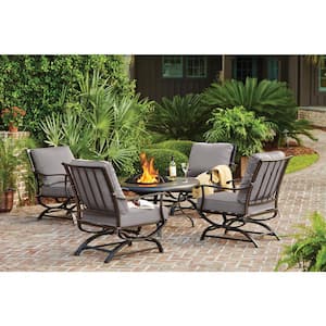 Redwood Valley Black 5-Piece Steel Outdoor Patio Fire Pit Seating Set with CushionGuard Stone Gray Cushions