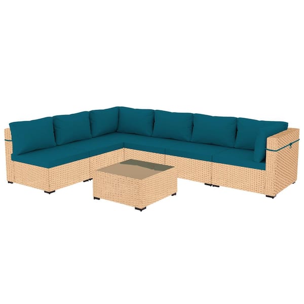 PATIOGUARDER 7-Piece Beige Wicker Patio Conversation Set with Lake Blue Cushions and Coffee Table
