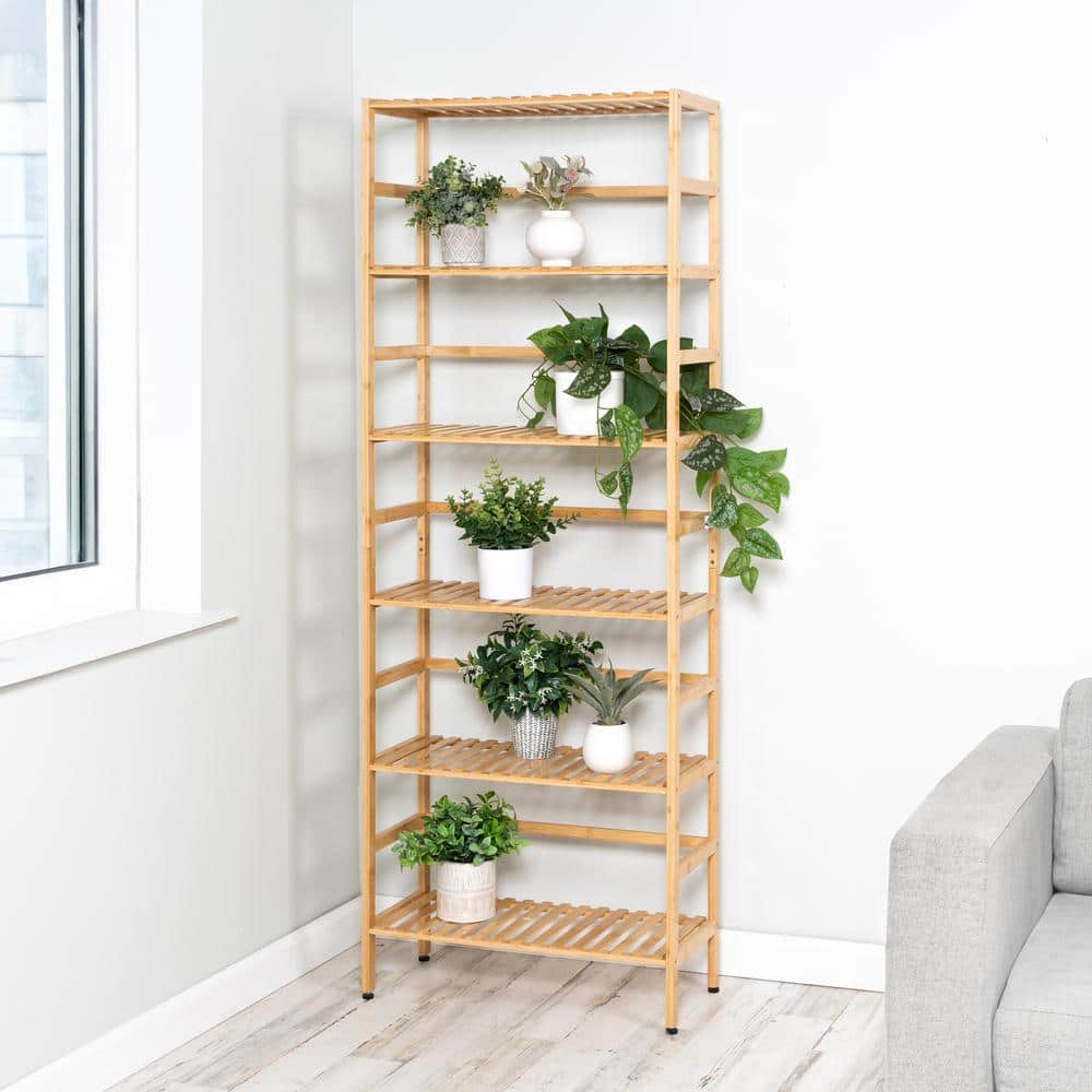 Natural Bamboo 6-Tier Adjustable Bookshelf, 64" Tall