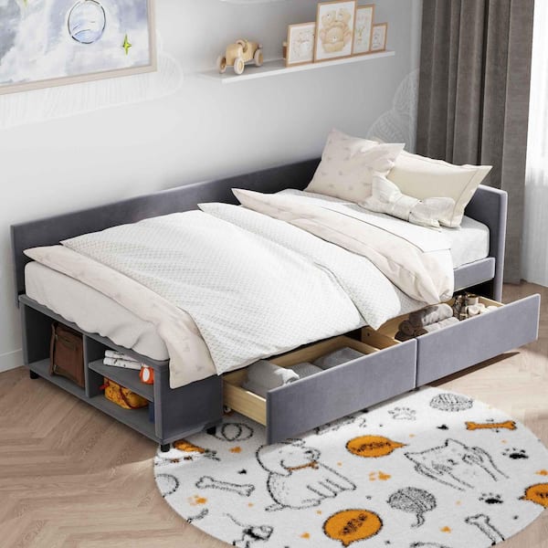 Gray Wood Frame Twin Size Platform Bed with Storage and Drawers